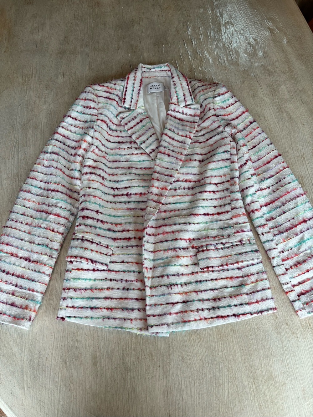 Hello Molly White Textured Stripe Tweed Blazer with Multicolor Accents XS